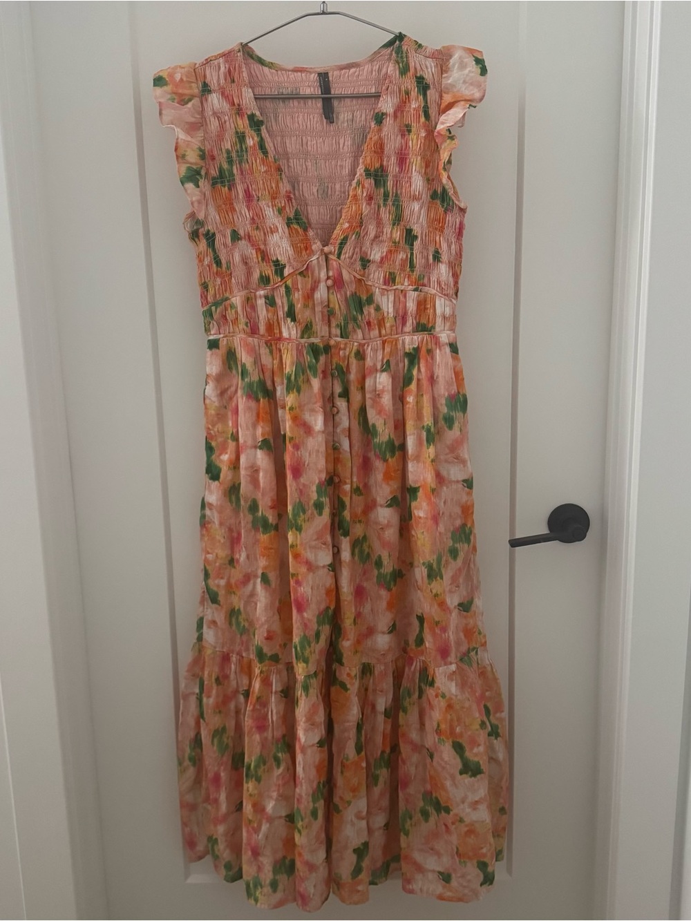 By Anthropologie Floral Smocked Tiered Maxi Wrap Style Dress Pockets M